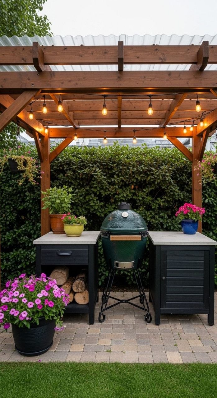 Компактна зона барбекю з Big Green Egg — функціональне рішення для невеликого двору або тераси